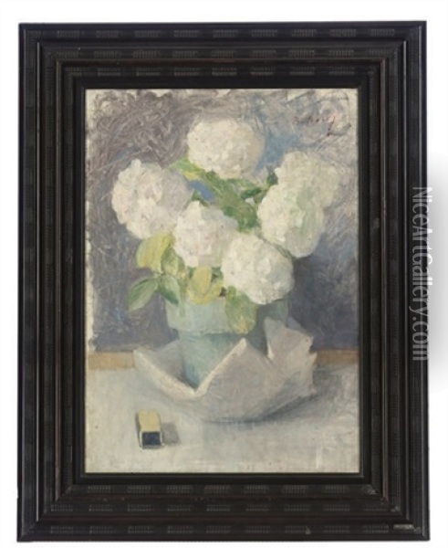 White Hydrangeas In A Pot Oil Painting - Julia Beatrice How
