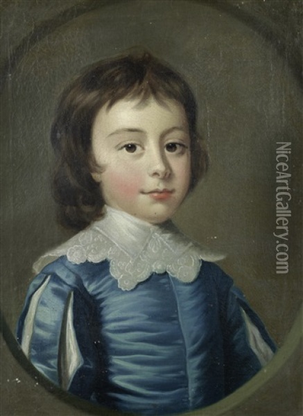 Portrait Of A Young Boy, In A Blue Silk Coat, Within A Painted Stone Oval; And Portrait Of A Young Girl In A White Silk Dress And With Flowers In Her Hair (pair) Oil Painting - Joseph Highmore
