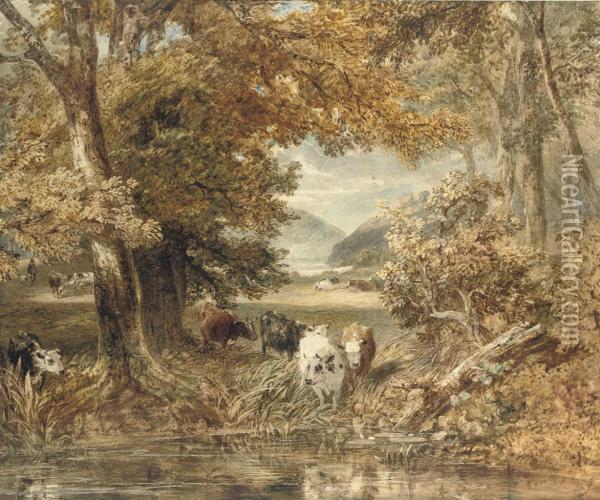Cattle Watering At A Stream Oil Painting - Thales Fielding