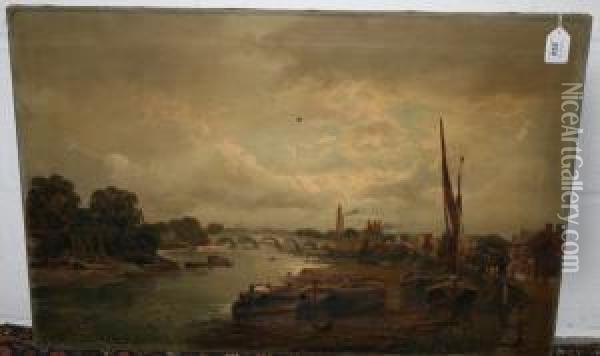 River View Old Kew Bridge With Barge At River's Edge Oil Painting - J. Lewis
