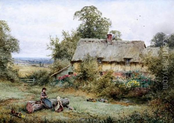 Girls Winding Wool Seated By A Log Outside A Cottage Oil Painting - Henry John Sylvester Stannard