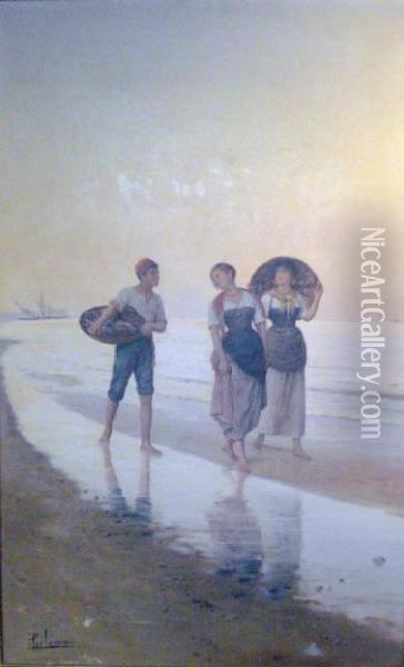 Figures On A Beach Oil Painting - Pasquale Celommi