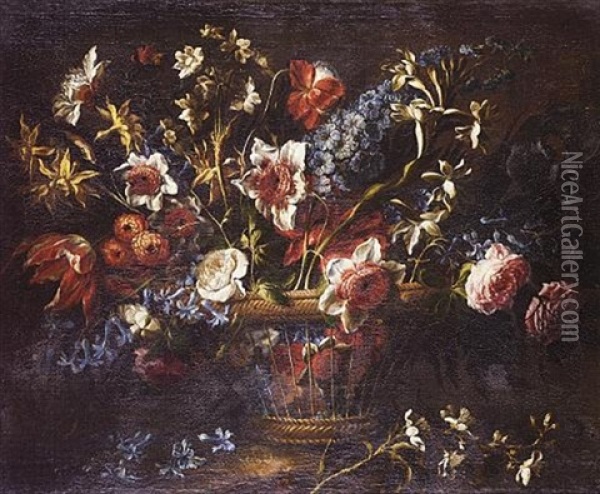 Tulips, Narcissi, Roses, Bluebells And Other Flowers In A Wicker Basket On A Ledge Oil Painting - Juan De Arellano