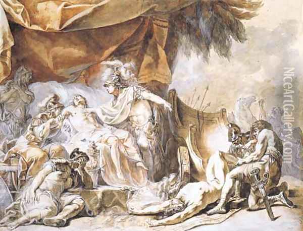 The death of Patroclus, with the body of Hector brought by Achilles Oil Painting - Joseph-Barthelemy Le Bouteux