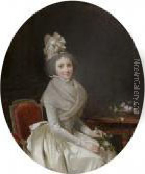 Portrait Presume De L'epouse De L'artiste En Robe Blanche, Une Rosea La Main Oil Painting - Louis Leopold Boilly