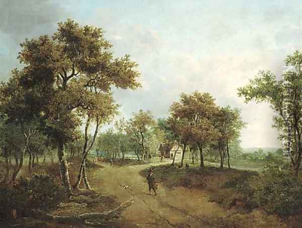 A wooded landscape with a cottage and figures on a path Oil Painting - Meindert Hobbema