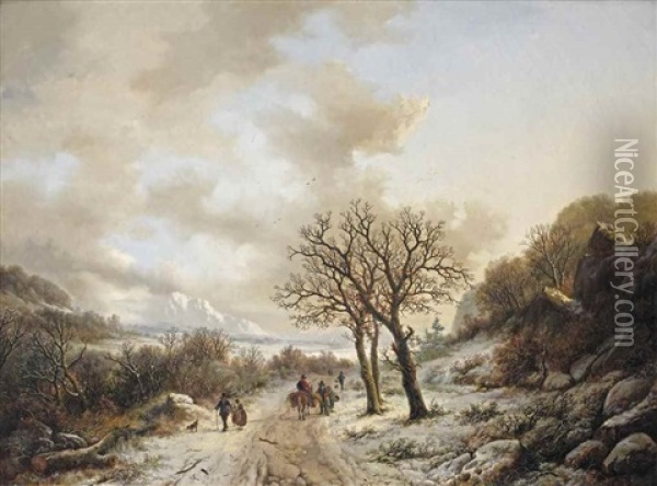 A Sunlit Winter Landscape With Travellers On A Path Near Chambery, France Oil Painting - Willem Bodemann