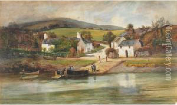 Figures Boarding A Ferry On A Village Shore Oil Painting - John Cuthbert Salmon