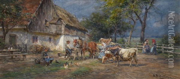 Farmers With Cattle And A Horse Carriage In Front Of A Farmstead Oil Painting - Karl Stuhlmueller