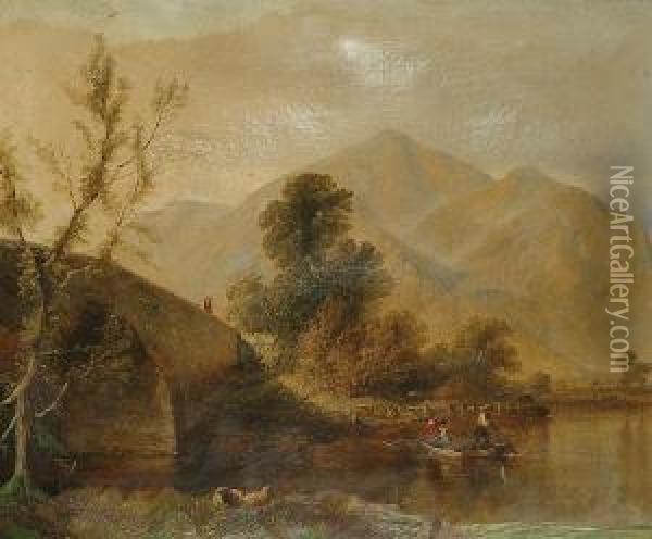 Figures Rowing On A Lake, A Mountainous Landscape Beyond Oil Painting - Henry Thomas Dawson