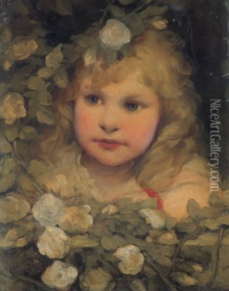 Kleines Madchen An Einem Von Rosen Umrankten Fenster Oil Painting - Gabriel von Max