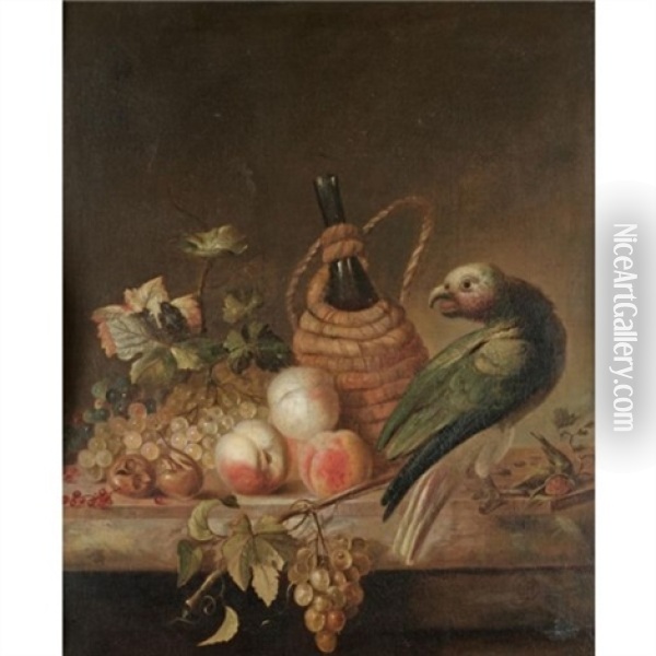 A Still Life With A Parrot, Together With A Flagon Of Wine, A Bunch Of Grapes, Peaches, Red Currents On A Marble Ledge Oil Painting - Barend van der Meer