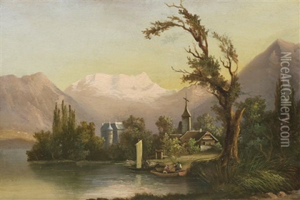 Schloss Schadau Mit Kirche Von Scherzligen Und Blumlisalp Oil Painting - Ferdinand Hodler
