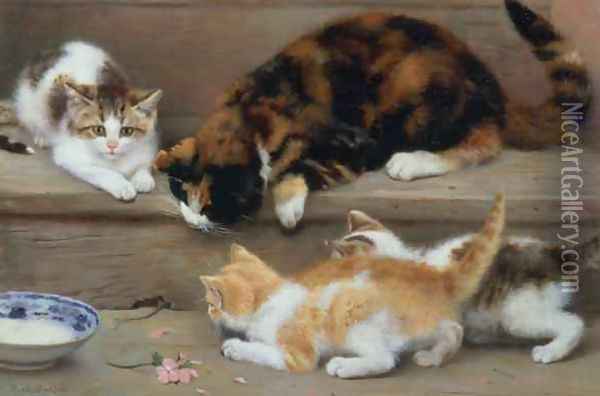 Cat and kittens chasing a mouse Oil Painting - Rosa Jameson
