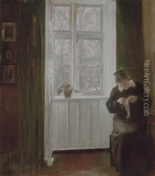 Interior Med Kunstnerens Hustru Med Sytojet Ved Vinduet Oil Painting - Carl Vilhelm Holsoe