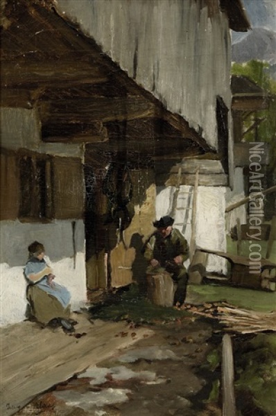 Bauer Und Bauerin Vor Dem Bauernhaus Sitzend Oil Painting - Julius von Blaas