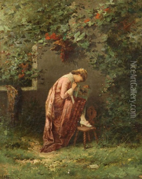 Jeune Femme Avec Cage D'oiseau Au Parc Oil Painting - Henri Langerock