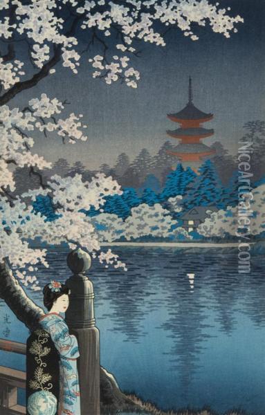Geisha And Cherry Tree. Oil Painting - Tsuchiya Koitsu