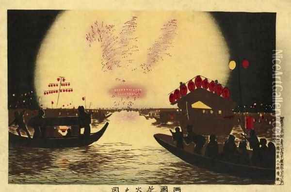 Fireworks over Sumida River at Ryogoku (Ryogoku Hanabi no zu) Oil Painting - Kobayashi Kiyochika