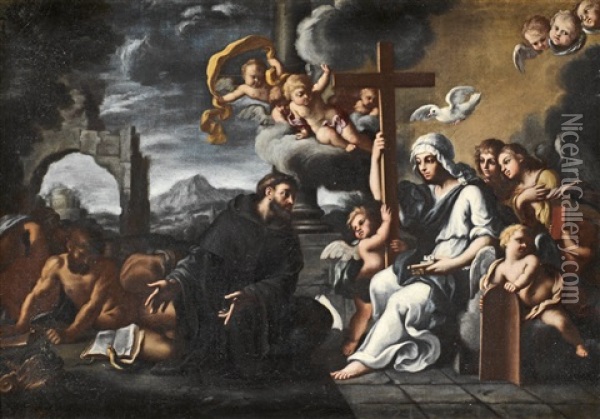 St. Fransiscus Pekandes Mot Religionen Oil Painting - Giovanni Domenico Cerrini
