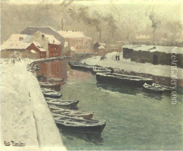 A Snowy Harbor View Oil Painting - Fritz Thaulow