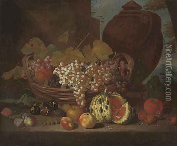 Red and white grapes on the vine in a basket Oil Painting - Michele Pace Del (Michelangelo di) Campidoglio