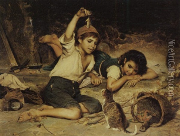 Bambini Con Il Gatto Oil Painting - Luigi Bechi