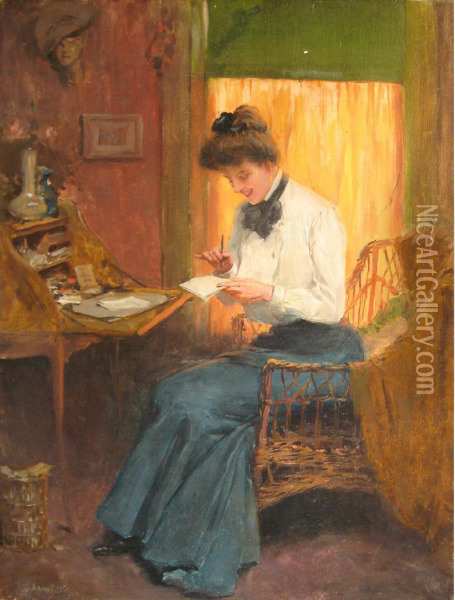 Woman At Her Writing Desk Oil Painting - Warren B. Davis