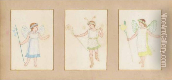Triptych Of Fairy Designs For The Howard Children's Christmas Play Oil Painting - Walter Crane