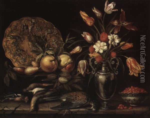 Still Life Of Flowers In A Vase, Birds, Bowl And Gold Salver On A Stone Ledge Oil Painting - Jacques Linard