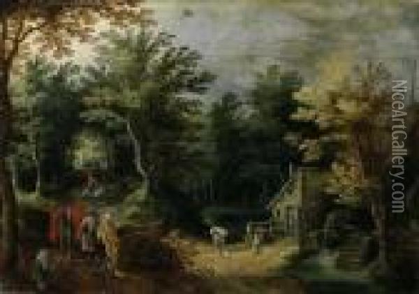 Bewaldete Landschaft Mit Wassermuhle Und Wanderern Oil Painting - Jan Brueghel the Younger