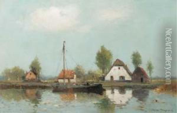 Farmhouses By The River On A Clear Day Oil Painting - Willem Johannes Weissenbruch