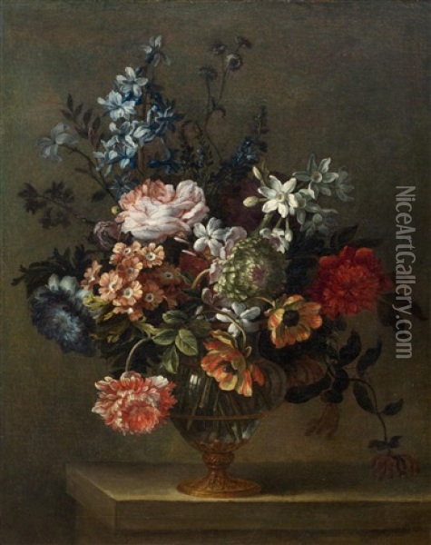 Flower Bouquet In A Glass Vase Oil Painting - Antoine Monnoyer