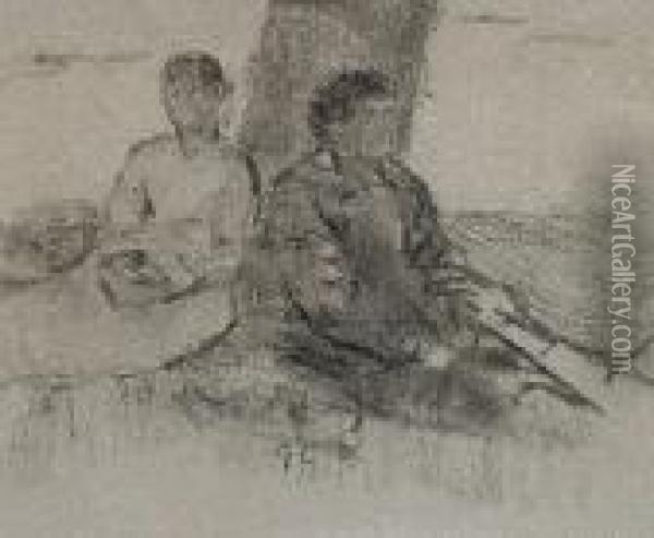 Two Figures By A Tree
 Signed With Initials 'gc' (lower Centre),
 Charcoal Oil Painting - George Clausen