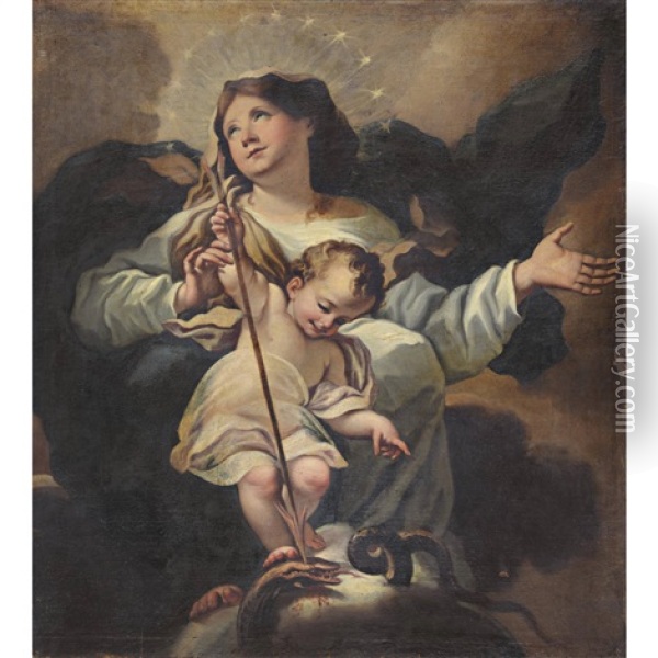 Strahlenkranzmadonna Mit Jesuskind, Das Den Schlangenkopf Durchbohrt Oil Painting - Federico Bianchi