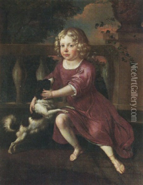 Portrait Of A Young Boy Wearing A Crimson Tunic, Playing With A Spaniel On A Classical Terrace Oil Painting - Jan van Neck