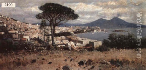 Girl In Landscape Across The Bay Of Naples Oil Painting - Martin Rico y Ortega