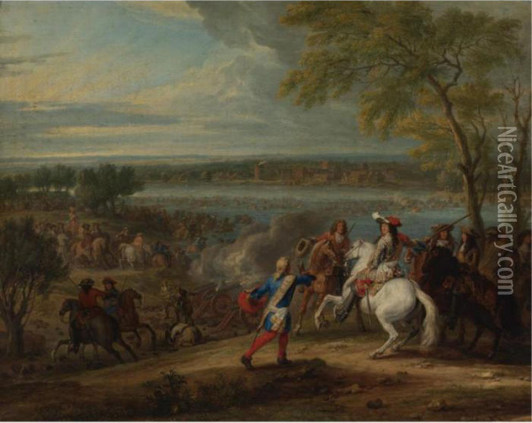 The French Army Crossing The Rhine At Lobith Oil Painting - Adam Frans van der Meulen