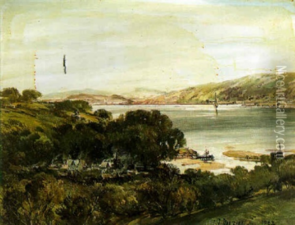 View Of A Bay With A Small Town Oil Painting - James B. Dalziel