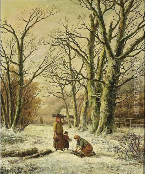 Women Gathering Wood In A Winter Landscape Oil Painting - Hendrik Pieter Koekkoek