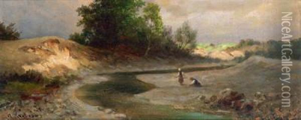 Holzsammlerinnen Am Fluss Oil Painting - Adolf Kaufmann