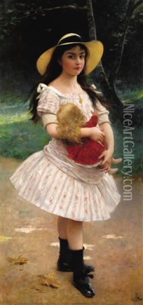 Portrait Of Young Girl With Doll Oil Painting - Lionel Noel Royer