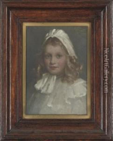 Portrait Of Muriel Calder, Bust-length, In A White Dress And Bonnet Oil Painting - William Pratt