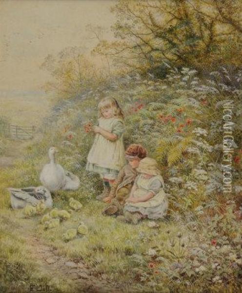 Children Picking Poppies In A Hedgerow Beside A Country Path, With Geese And Goslings Oil Painting - Etheline Eva Dell