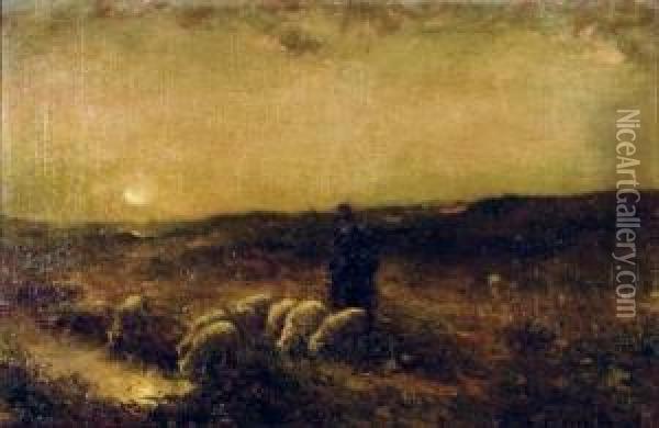 Moonlight Walk With Shepherd And Flock Oil Painting - Michel Korochansky