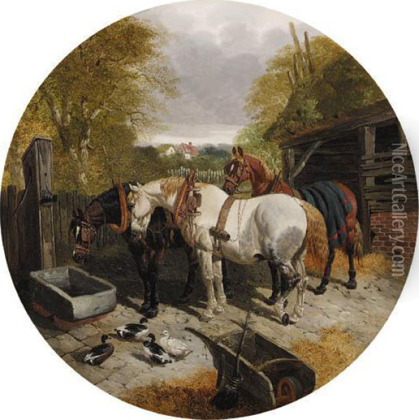 Horses At A Manger, With Ducks 
And Chickens, In A Farmyard; Andhorses At A Trough, With Ducks, On In A 
Foreground Oil Painting - John Frederick Herring Snr