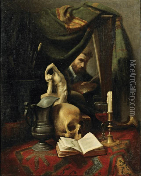 Vanite Et Autoportrait [ ; Vanity And Selfportrait , Oil On Canvas ; Signed Lower Right G.cousin] Oil Painting - Victor Gustave Cousin