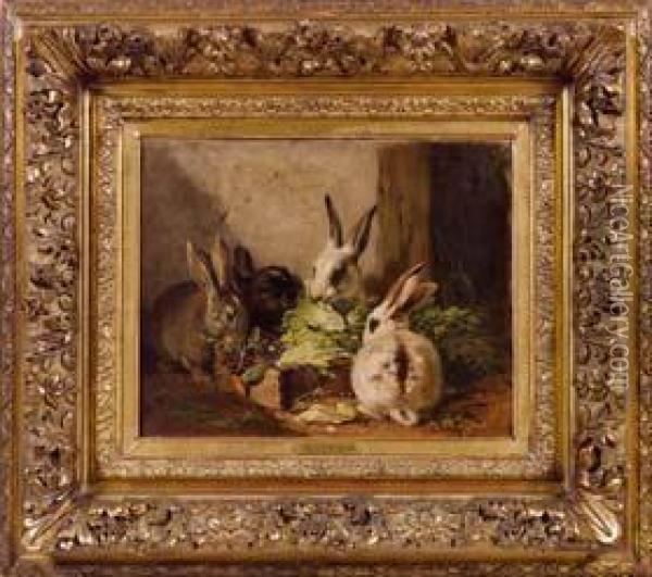 Conigli Che Rosicchiano Carote Oil Painting - Eugene Cottin