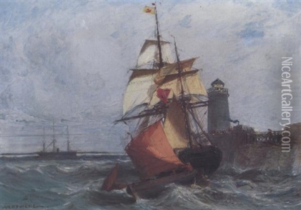 Schiffe Vor Einem Leuchtturm Oil Painting - Jules Achille Noel