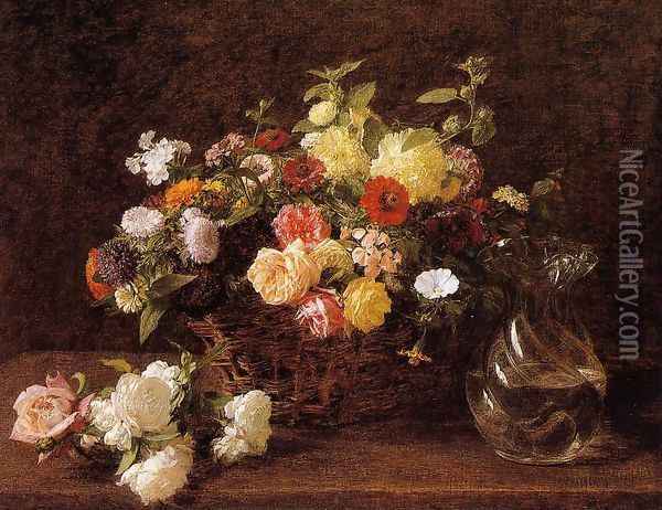 Basket of Flowers Oil Painting - Ignace Henri Jean Fantin-Latour